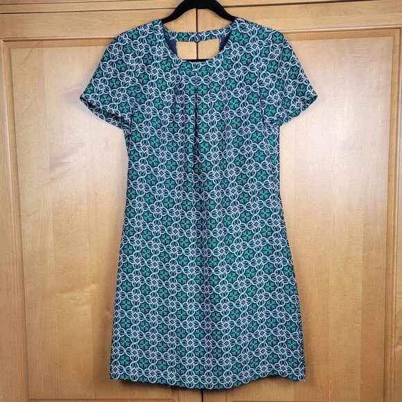 J. Crew Cutaway Back Green Navy Silk Swoop Dress in Latticework Medallion - 0 - Picture 5 of 12